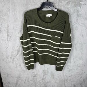 PINK ROSE Women's XL SWEATER GREEN WHITE STRIPES FRONT POCKET Cotton Blend